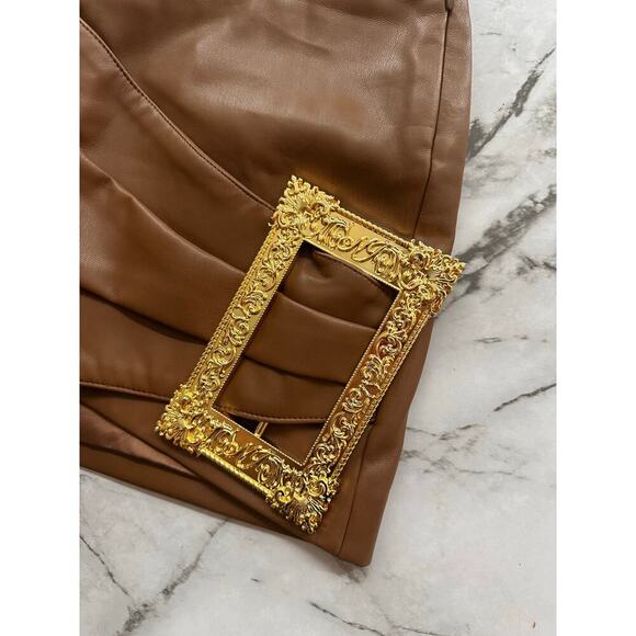 New w tags Nana Jacqueline Brown leather Mini Skirt size XS with gold frame - Picture 7 of 10